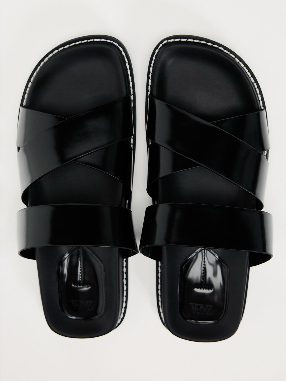 NWT Zara Womens Sandals Black Glossy Crisscross Slides Sz. 38